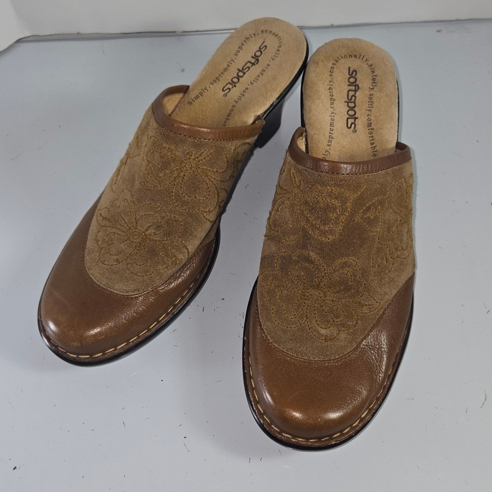 Softspots‎ Women's Brown Leather Suede Floral Mule Wedge Shoes Size 10N